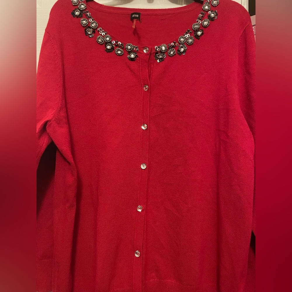 Cable & Gauge Red Sweater with Embellished Neckline